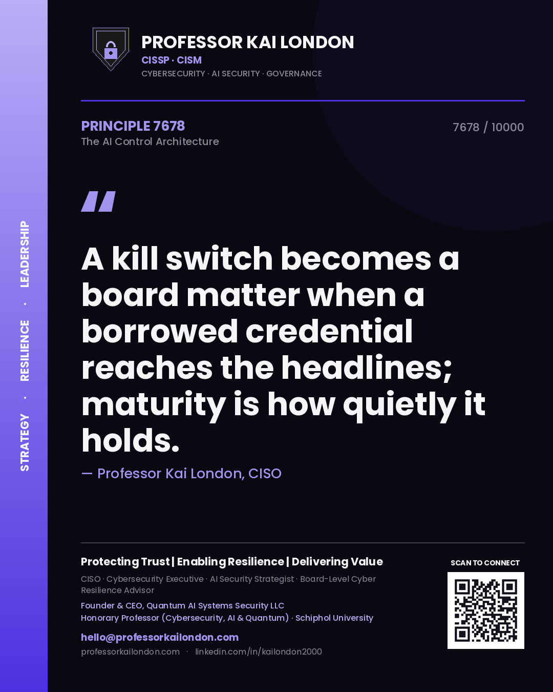 Quote card by Professor Kai London reading 'A kill switch becomes a board matter when a borrowed credential reaches the headlines; maturity is how quietly it holds.'. From the book The AI Control Architecture.