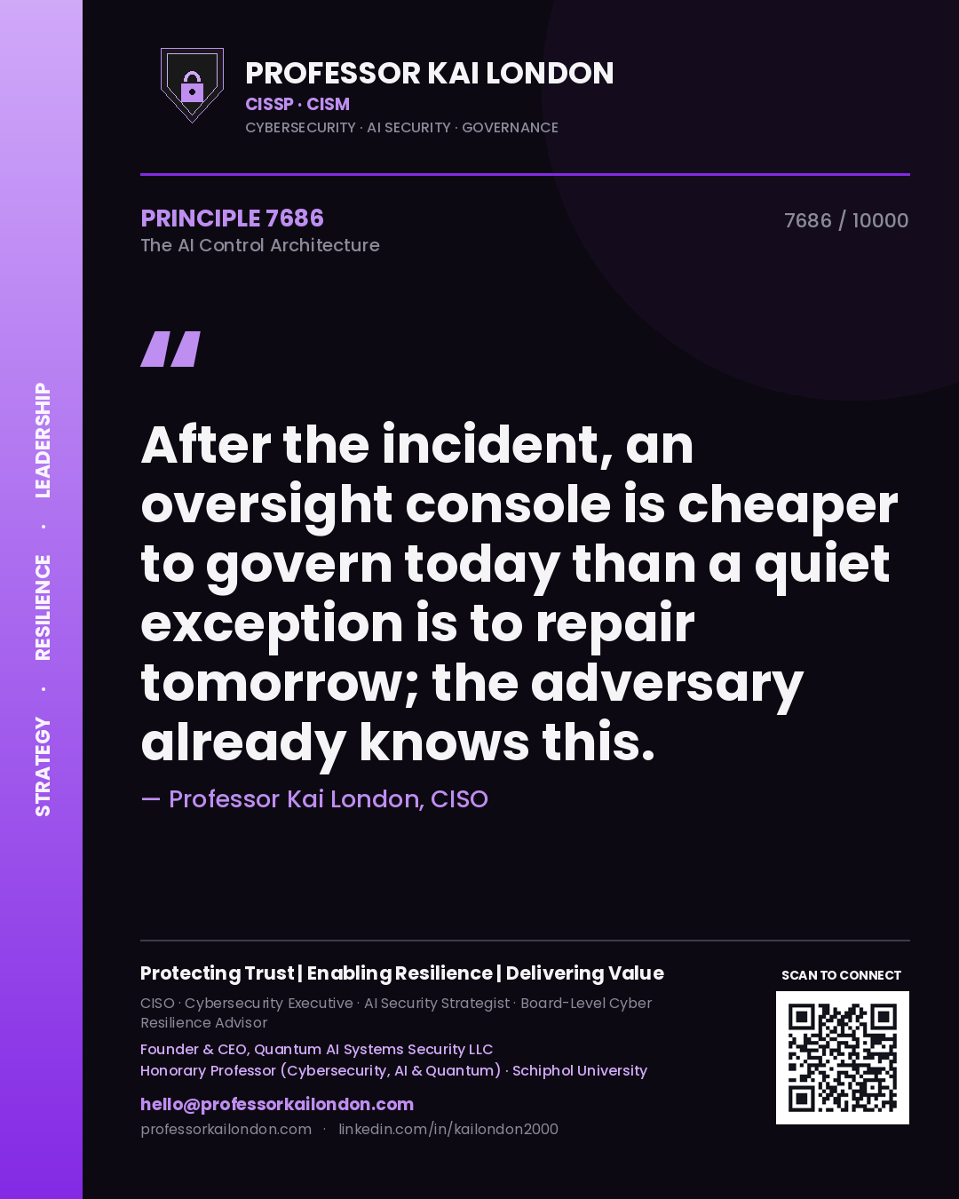 Quote card by Professor Kai London reading 'After the incident, an oversight console is cheaper to govern today than a quiet exception is to repair tomorrow; the adversary already knows this.'. From the book The AI Control Architecture.