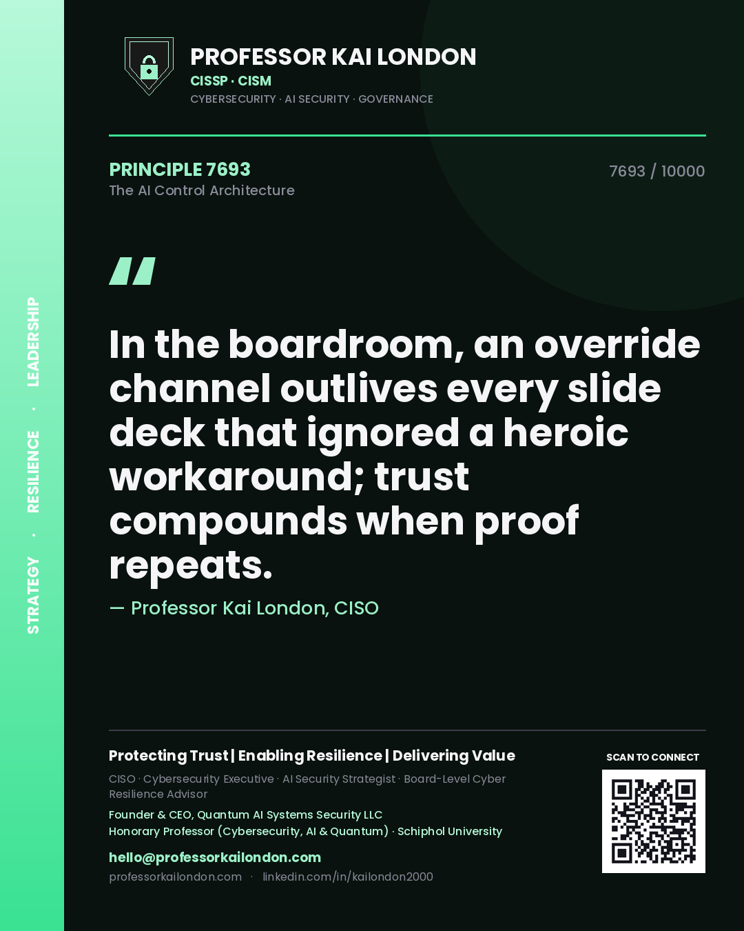 Quote card by Professor Kai London reading 'In the boardroom, an override channel outlives every slide deck that ignored a heroic workaround; trust compounds when proof repeats.'. From the book The AI Control Architecture.