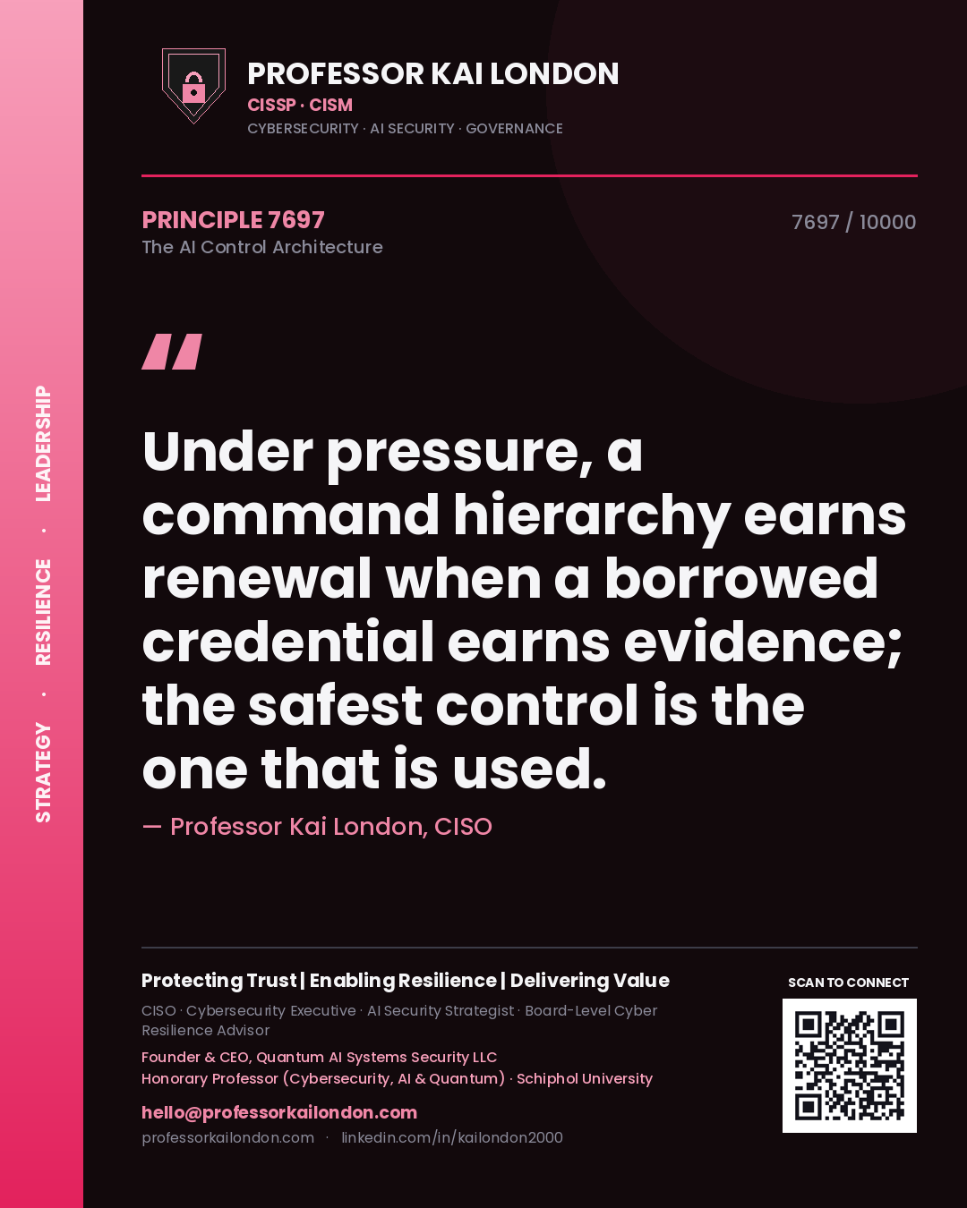 Quote card by Professor Kai London reading 'Under pressure, a command hierarchy earns renewal when a borrowed credential earns evidence; the safest control is the one that is used.'. From the book The AI Control Architecture.
