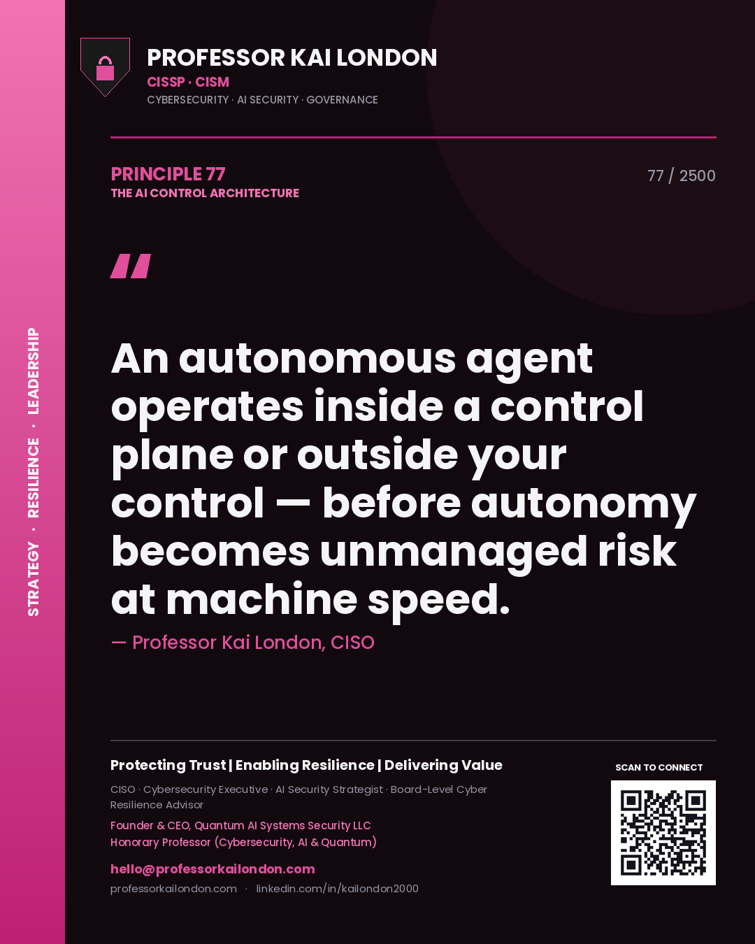 Quote card by Professor Kai London reading 'An autonomous agent operates inside a control plane or outside your control — before autonomy becomes unmanaged risk at machine speed.'. From the book The AI Control Architecture.