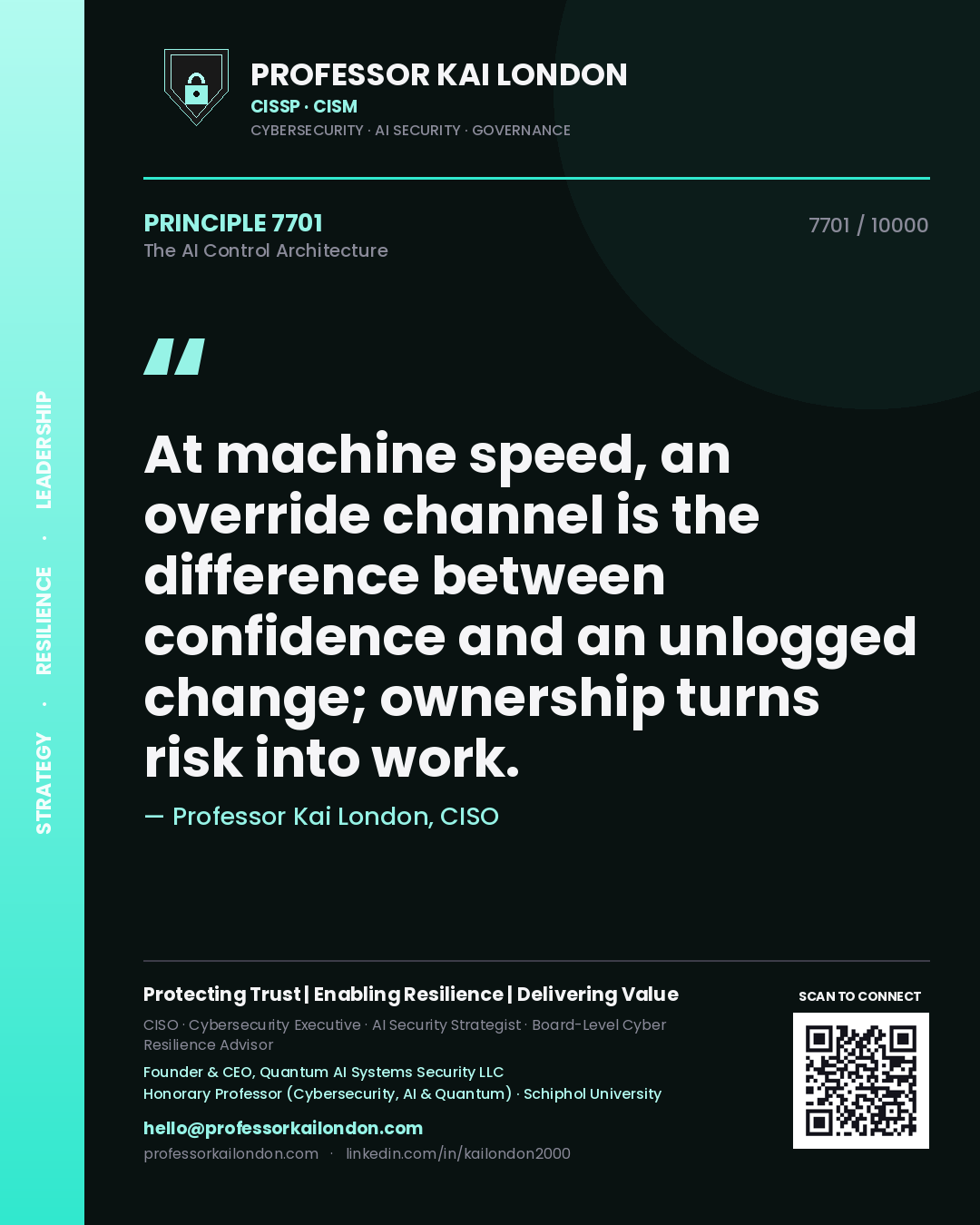Quote card by Professor Kai London reading 'At machine speed, an override channel is the difference between confidence and an unlogged change; ownership turns risk into work.'. From the book The AI Control Architecture.