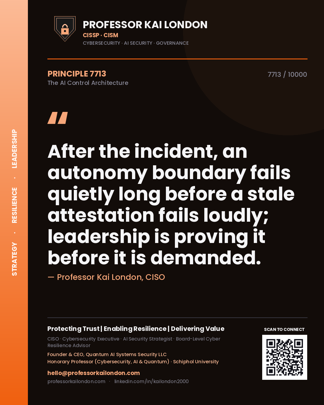 Professor Kai London principle 7713: After the incident, an autonomy boundary fails quietly long before a stale attestation fails loudly; leadership is proving it before it is demanded.