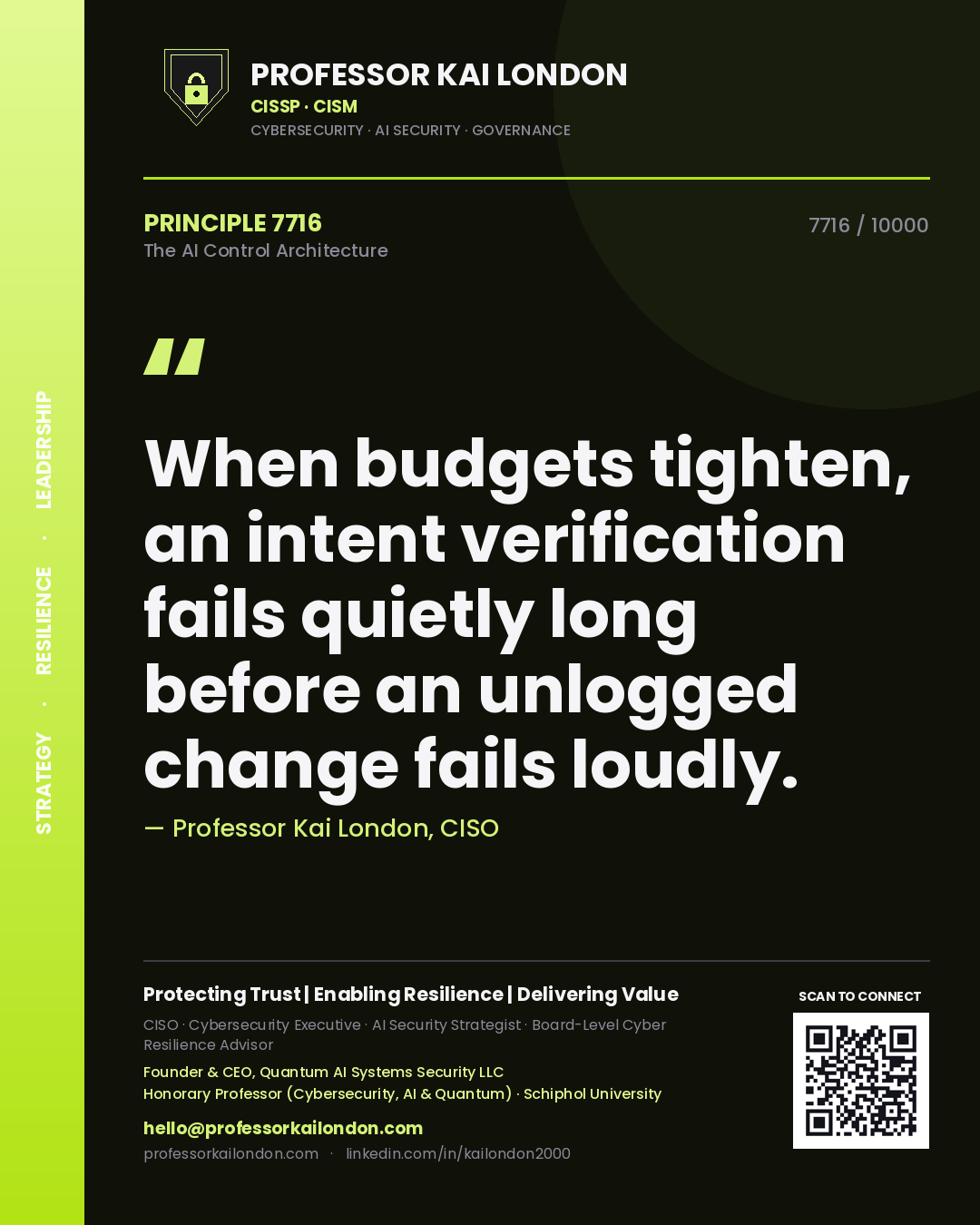 Professor Kai London principle 7716: When budgets tighten, an intent verification fails quietly long before an unlogged change fails loudly.