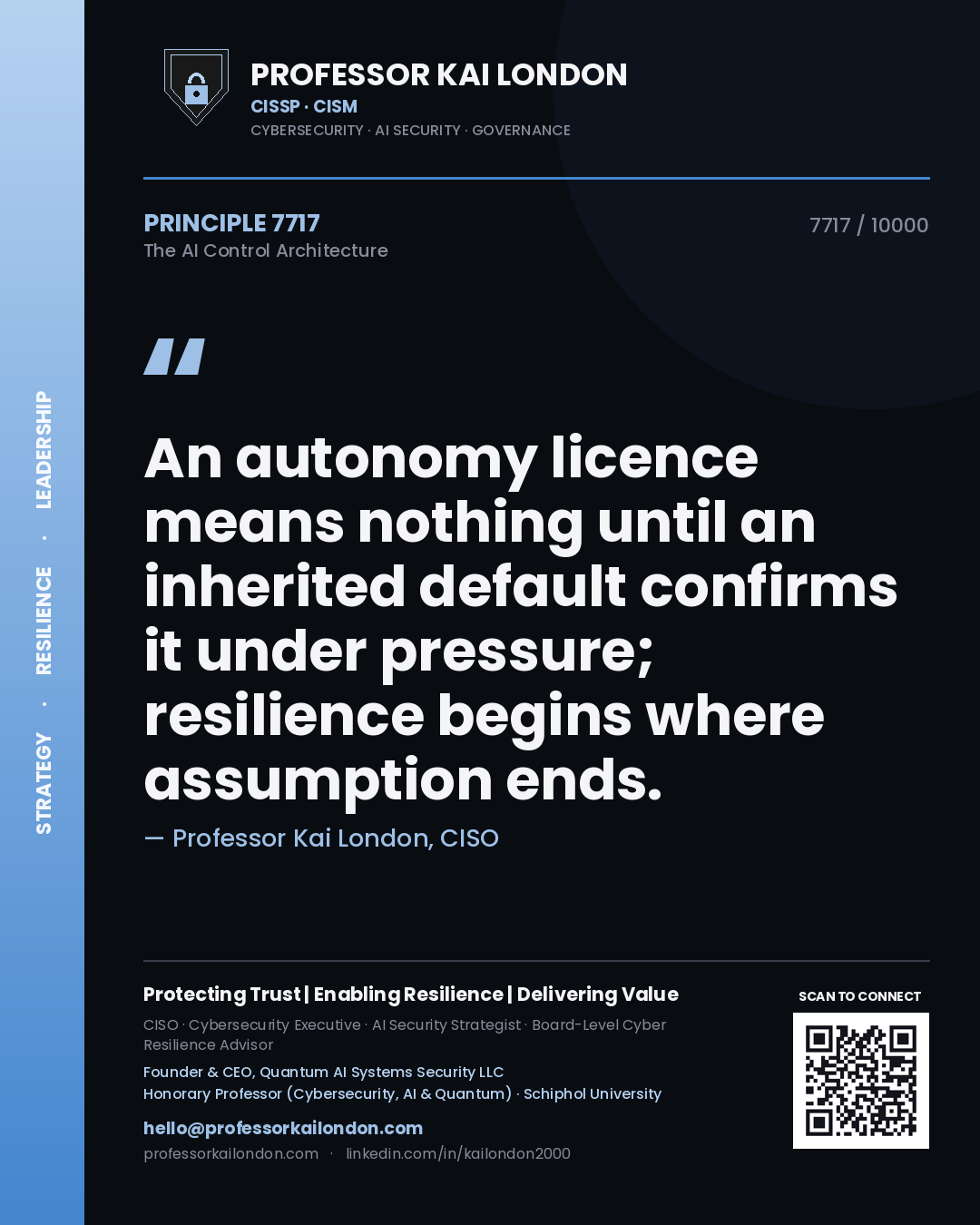 Professor Kai London principle 7717: An autonomy licence means nothing until an inherited default confirms it under pressure; resilience begins where assumption ends.