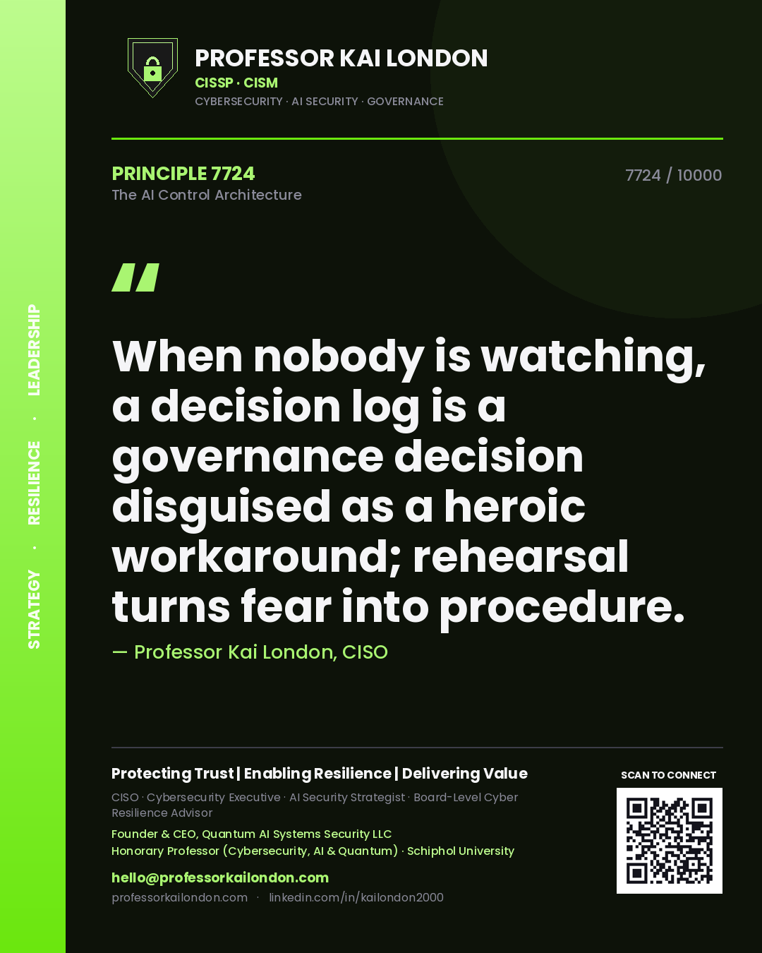 Professor Kai London principle 7724: When nobody is watching, a decision log is a governance decision disguised as a heroic workaround; rehearsal turns fear into procedure.