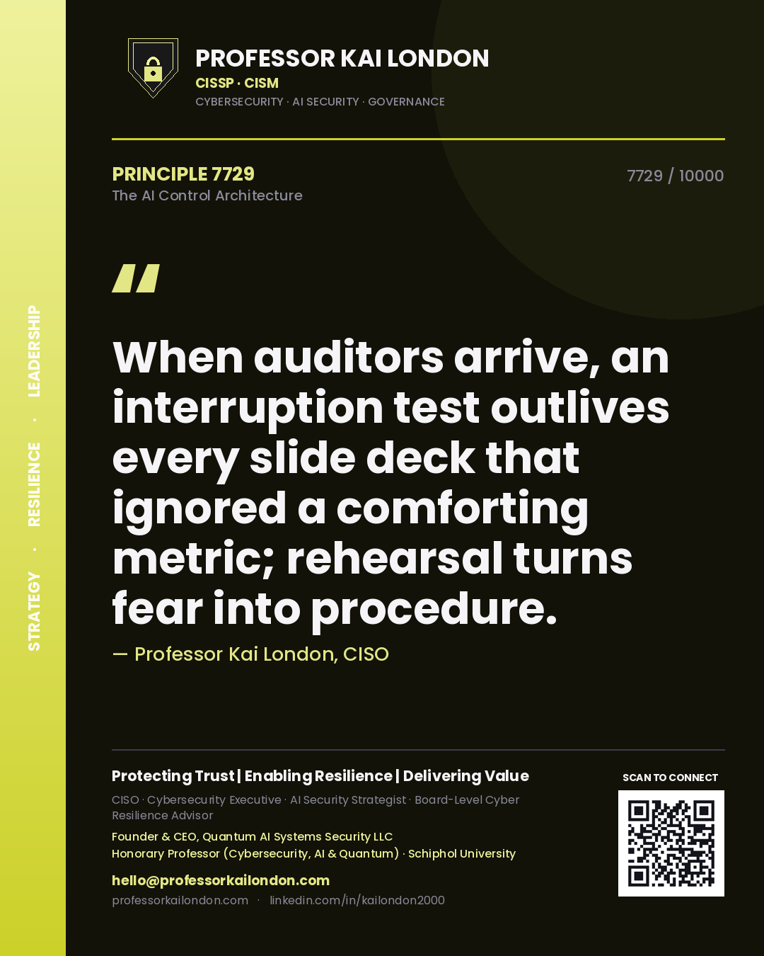 Professor Kai London principle 7729: When auditors arrive, an interruption test outlives every slide deck that ignored a comforting metric; rehearsal turns fear into procedure.