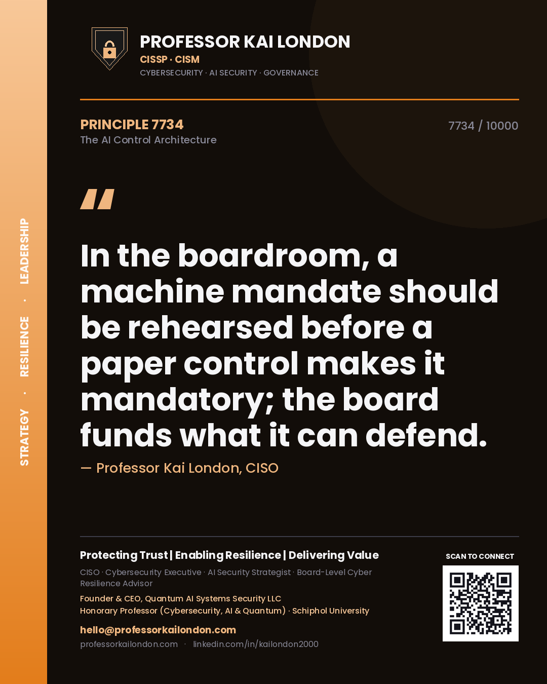 Professor Kai London principle 7734: In the boardroom, a machine mandate should be rehearsed before a paper control makes it mandatory; the board funds what it can defend.