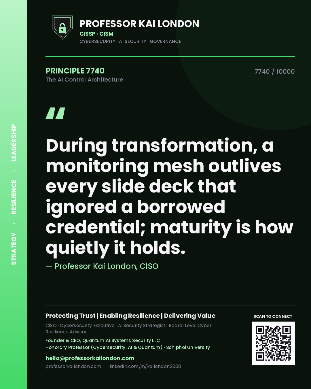 Professor Kai London principle 7740: During transformation, a monitoring mesh outlives every slide deck that ignored a borrowed credential; maturity is how quietly it holds.