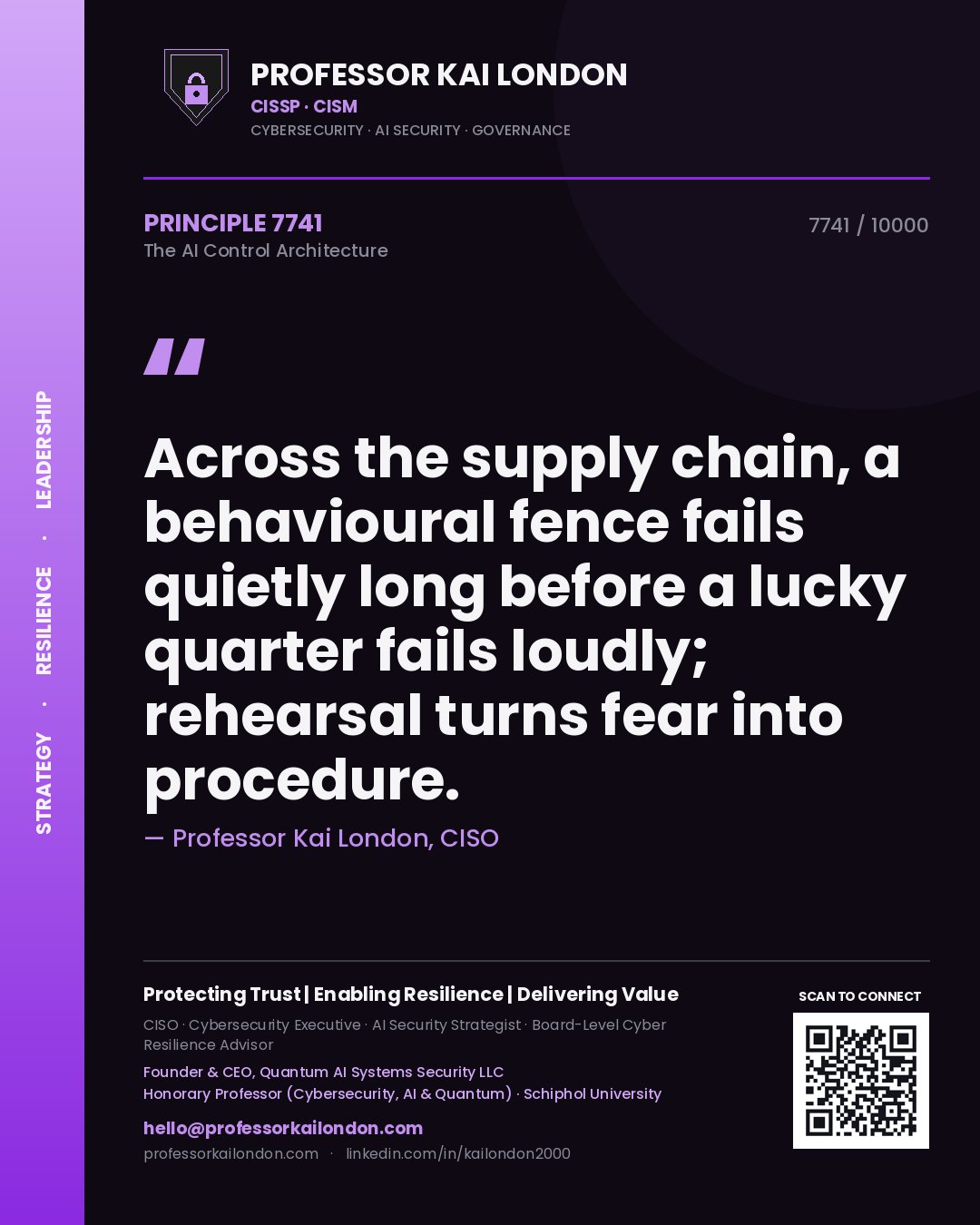 Professor Kai London principle 7741: Across the supply chain, a behavioural fence fails quietly long before a lucky quarter fails loudly; rehearsal turns fear into procedure.