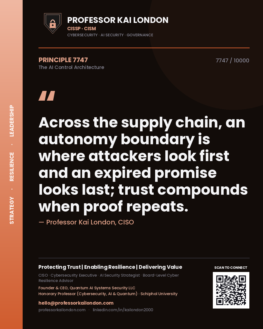 Professor Kai London principle 7747: Across the supply chain, an autonomy boundary is where attackers look first and an expired promise looks last; trust compounds when proof repeats.