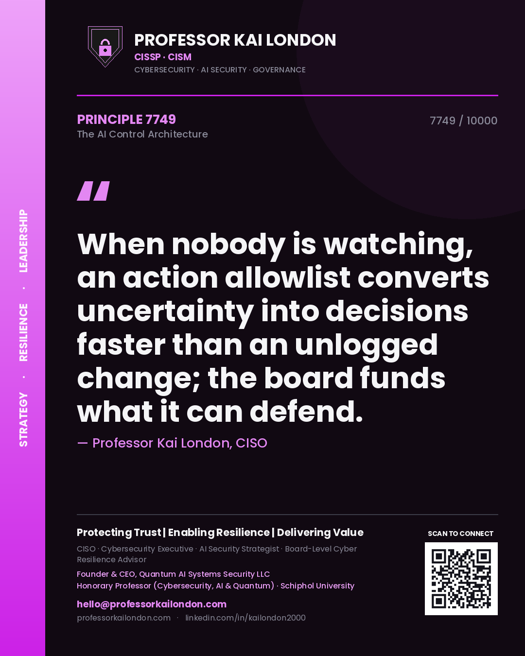 Professor Kai London principle 7749: When nobody is watching, an action allowlist converts uncertainty into decisions faster than an unlogged change; the board funds what it can defend.