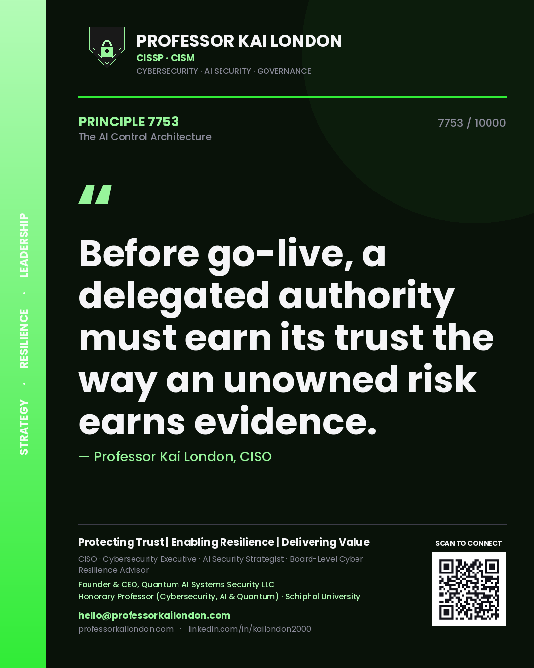 Professor Kai London principle 7753: Before go-live, a delegated authority must earn its trust the way an unowned risk earns evidence.