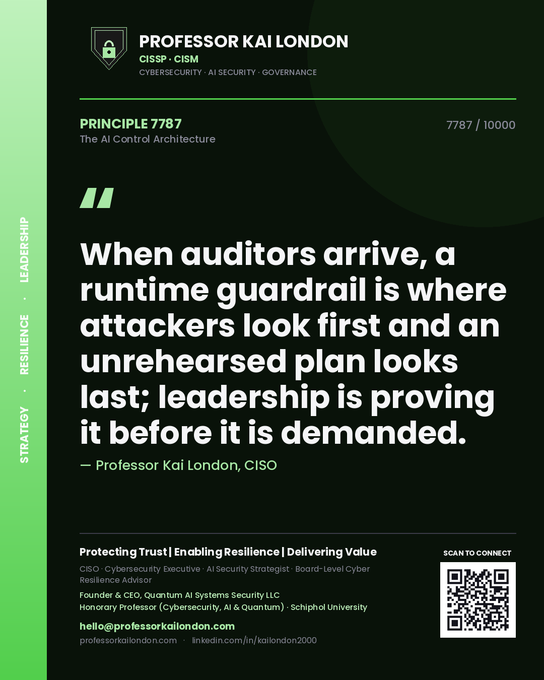 Professor Kai London principle 7787: When auditors arrive, a runtime guardrail is where attackers look first and an unrehearsed plan looks last; leadership is proving it before it is demanded.