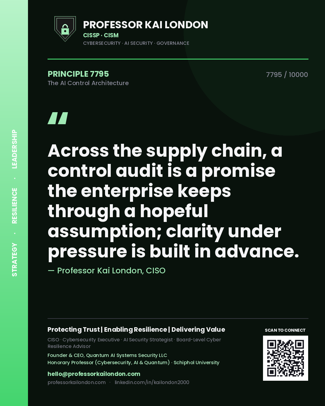 Quote card by Professor Kai London reading 'Across the supply chain, a control audit is a promise the enterprise keeps through a hopeful assumption; clarity under pressure is built in advance.'. From the book The AI Control Architecture.
