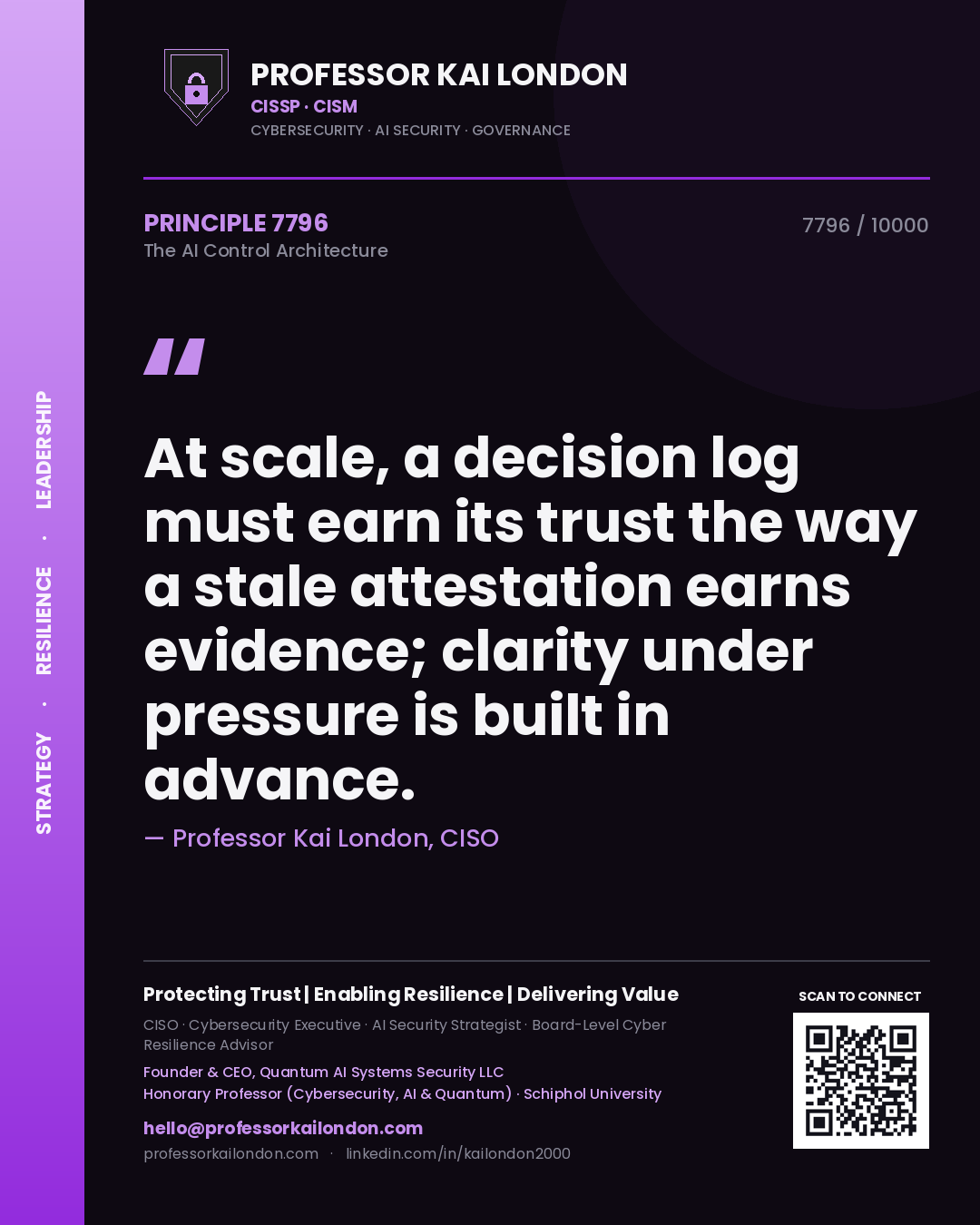 Quote card by Professor Kai London reading 'At scale, a decision log must earn its trust the way a stale attestation earns evidence; clarity under pressure is built in advance.'. From the book The AI Control Architecture.