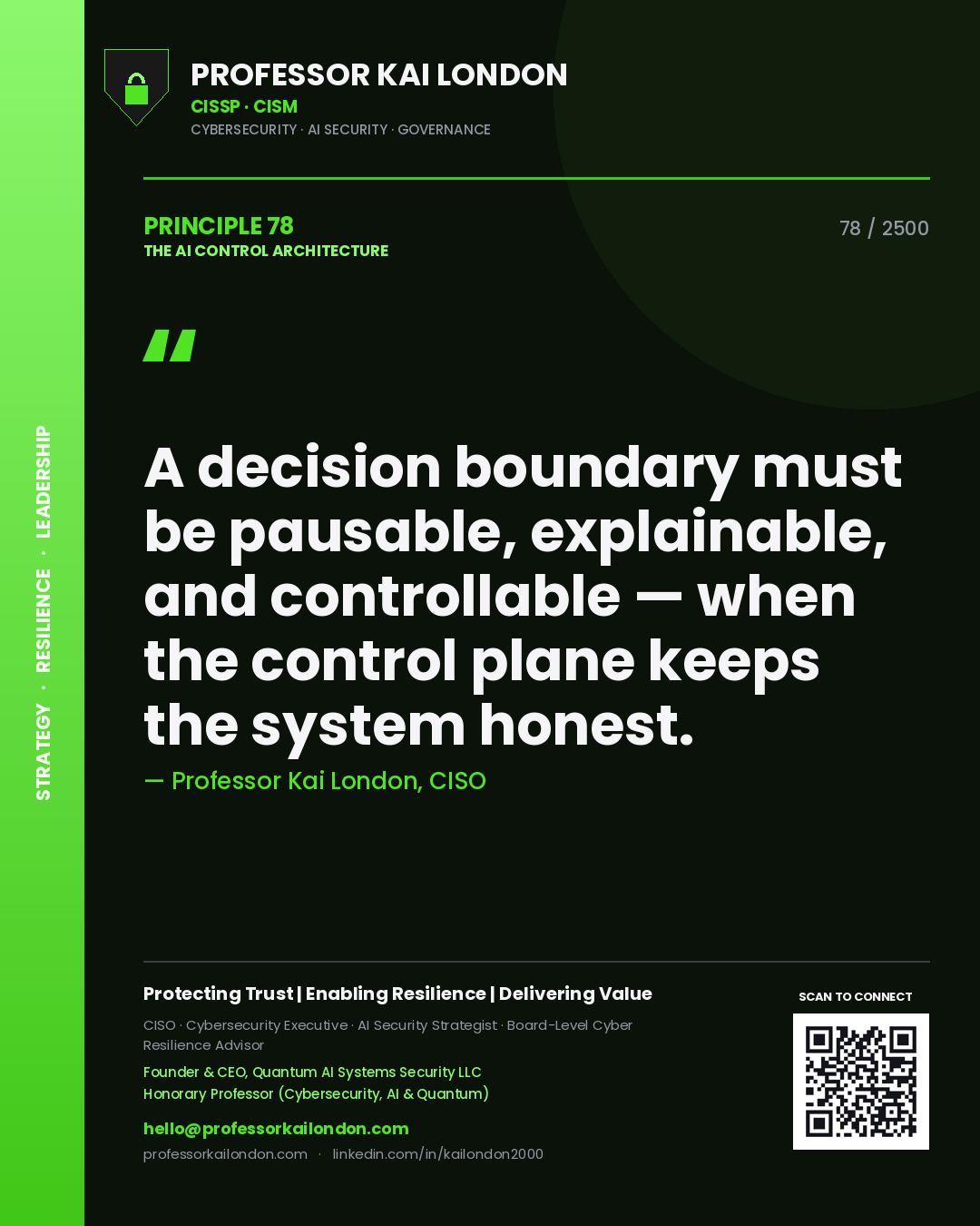 Quote card by Professor Kai London reading 'A decision boundary must be pausable, explainable, and controllable — when the control plane keeps the system honest.'. From the book The AI Control Architecture.