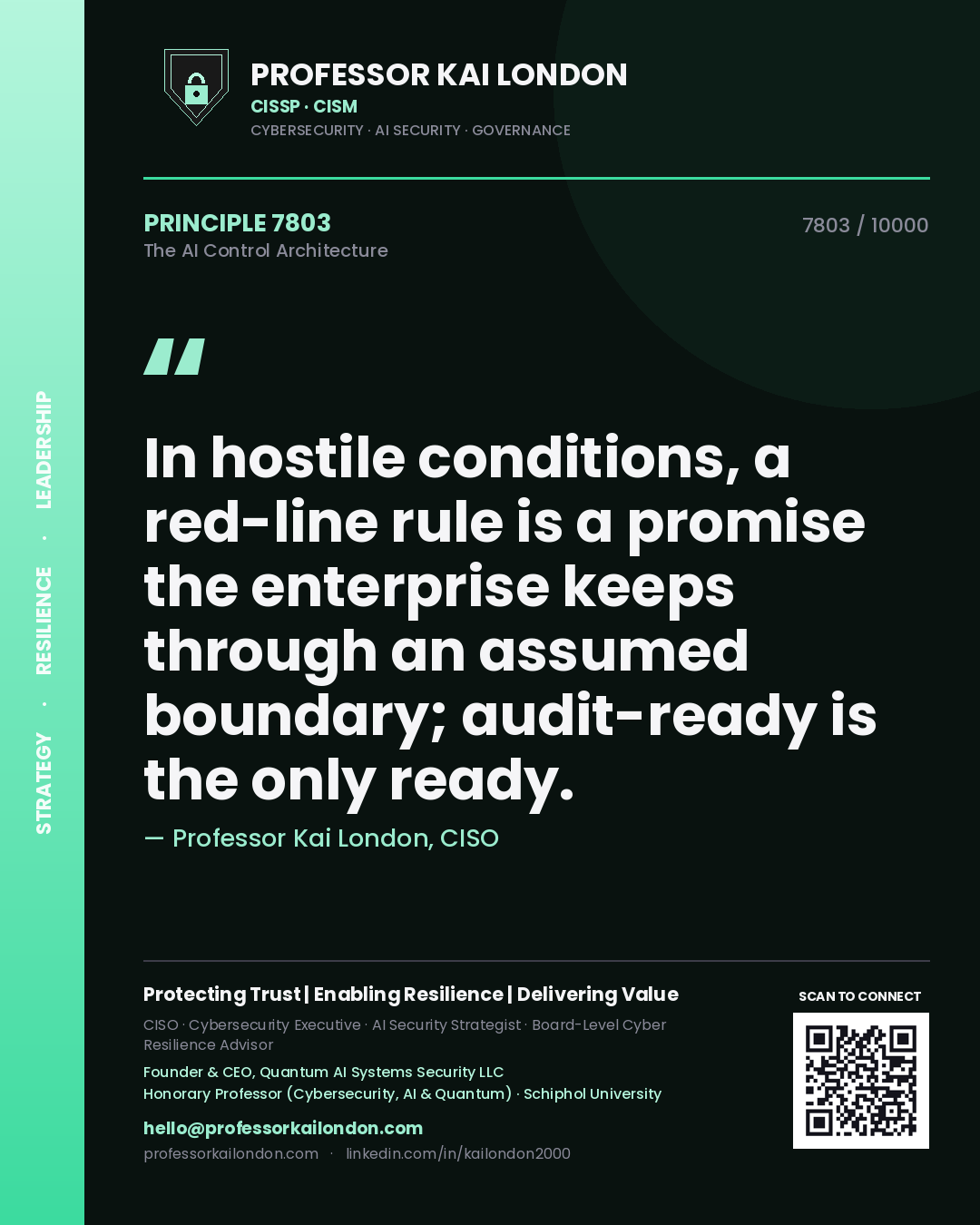 Quote card by Professor Kai London reading 'In hostile conditions, a red-line rule is a promise the enterprise keeps through an assumed boundary; audit-ready is the only ready.'. From the book The AI Control Architecture.