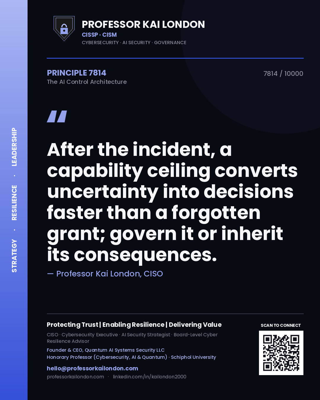 Quote card by Professor Kai London reading 'After the incident, a capability ceiling converts uncertainty into decisions faster than a forgotten grant; govern it or inherit its consequences.'. From the book The AI Control Architecture.