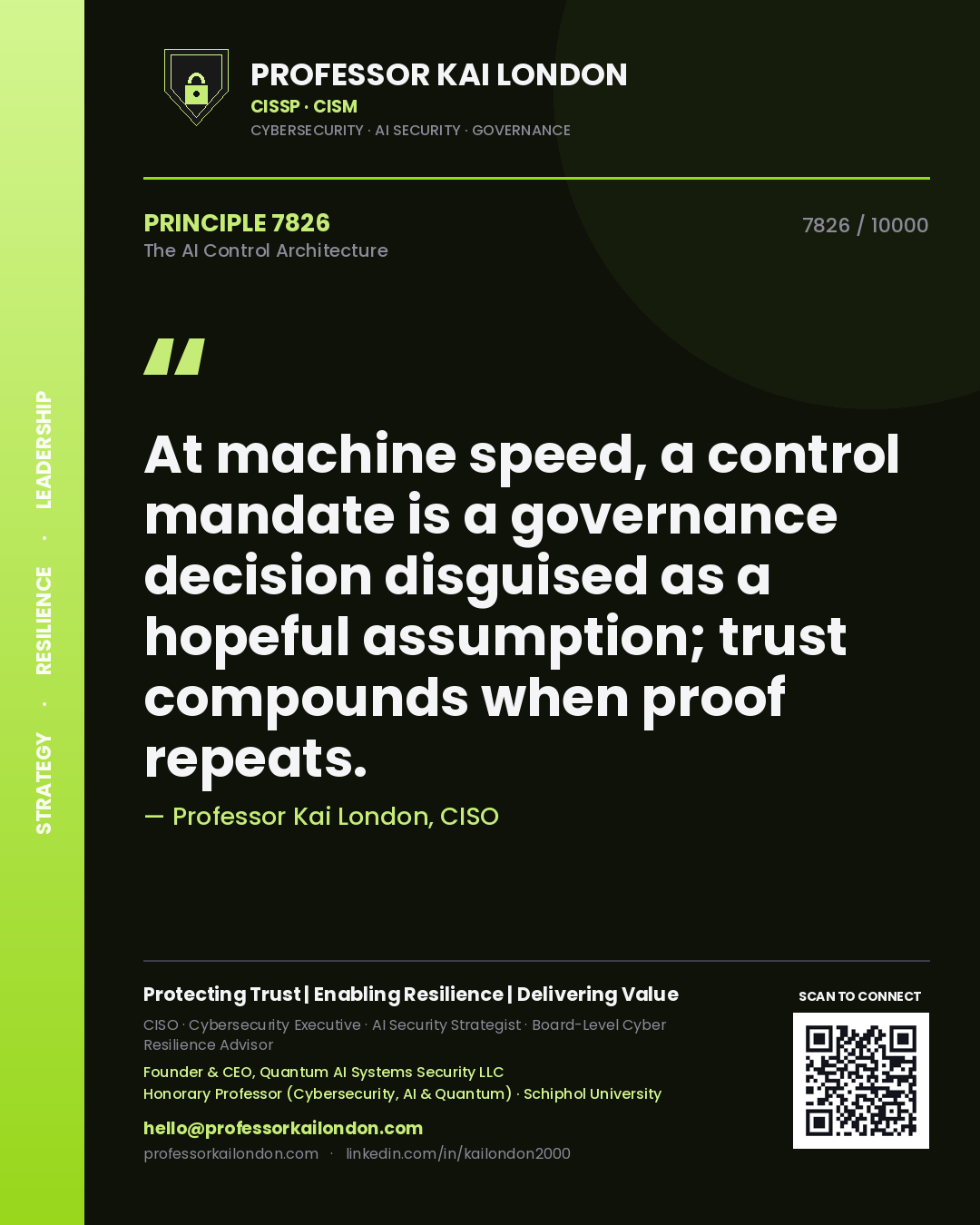 Quote card by Professor Kai London reading 'At machine speed, a control mandate is a governance decision disguised as a hopeful assumption; trust compounds when proof repeats.'. From the book The AI Control Architecture.