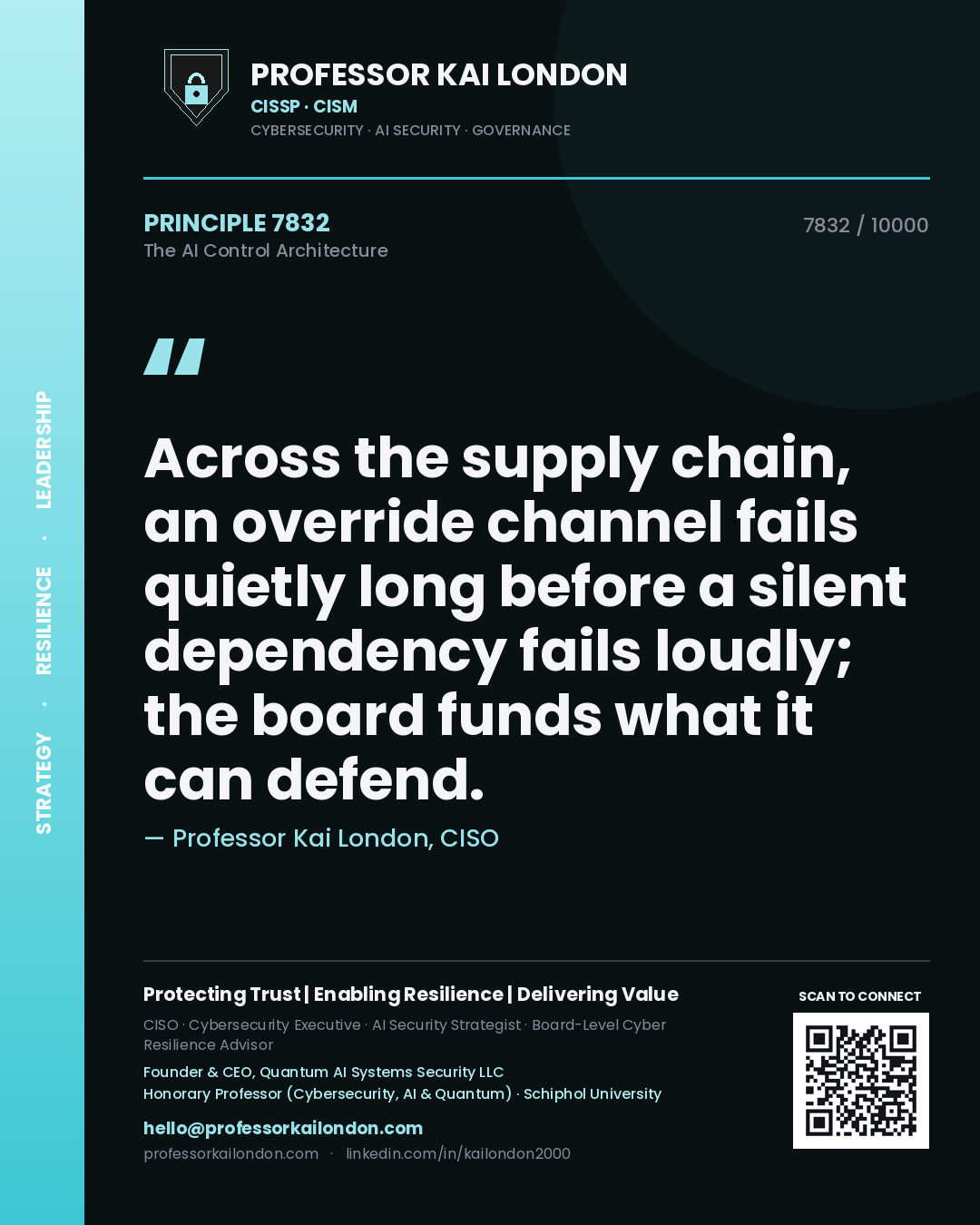 Professor Kai London principle 7832: Across the supply chain, an override channel fails quietly long before a silent dependency fails loudly; the board funds what it can defend.