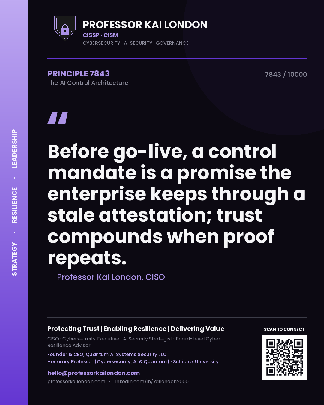 Quote card by Professor Kai London reading 'Before go-live, a control mandate is a promise the enterprise keeps through a stale attestation; trust compounds when proof repeats.'. From the book The AI Control Architecture.