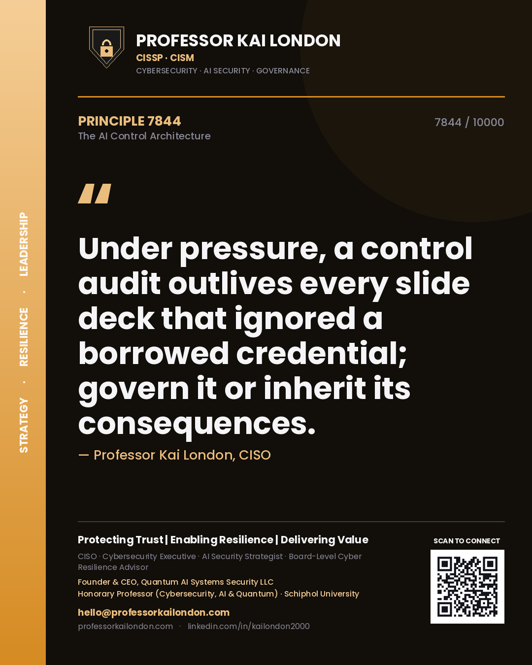 Professor Kai London principle 7844: Under pressure, a control audit outlives every slide deck that ignored a borrowed credential; govern it or inherit its consequences.