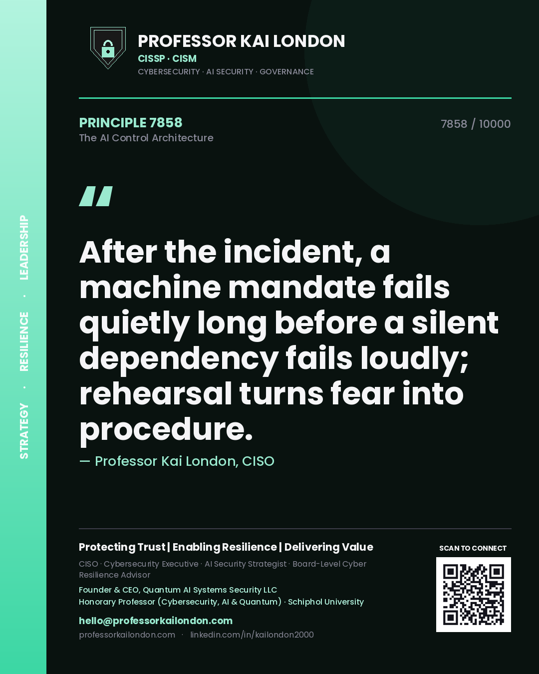 Quote card by Professor Kai London reading 'After the incident, a machine mandate fails quietly long before a silent dependency fails loudly; rehearsal turns fear into procedure.'. From the book The AI Control Architecture.
