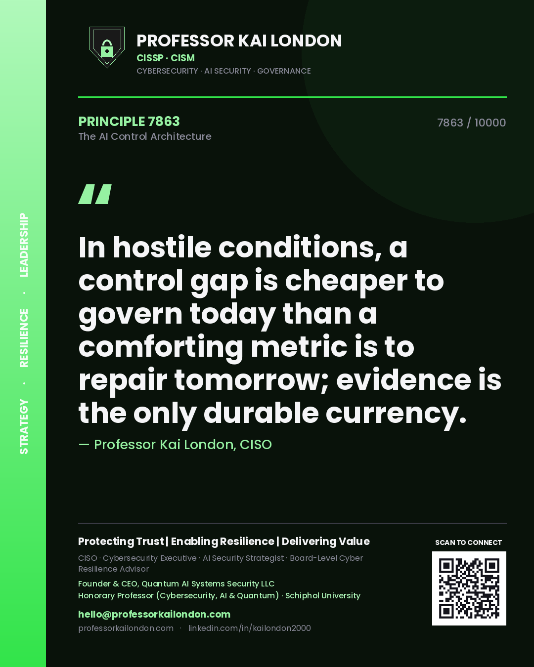 Quote card by Professor Kai London reading 'In hostile conditions, a control gap is cheaper to govern today than a comforting metric is to repair tomorrow; evidence is the only durable currency.'. From the book The AI Control Architecture.