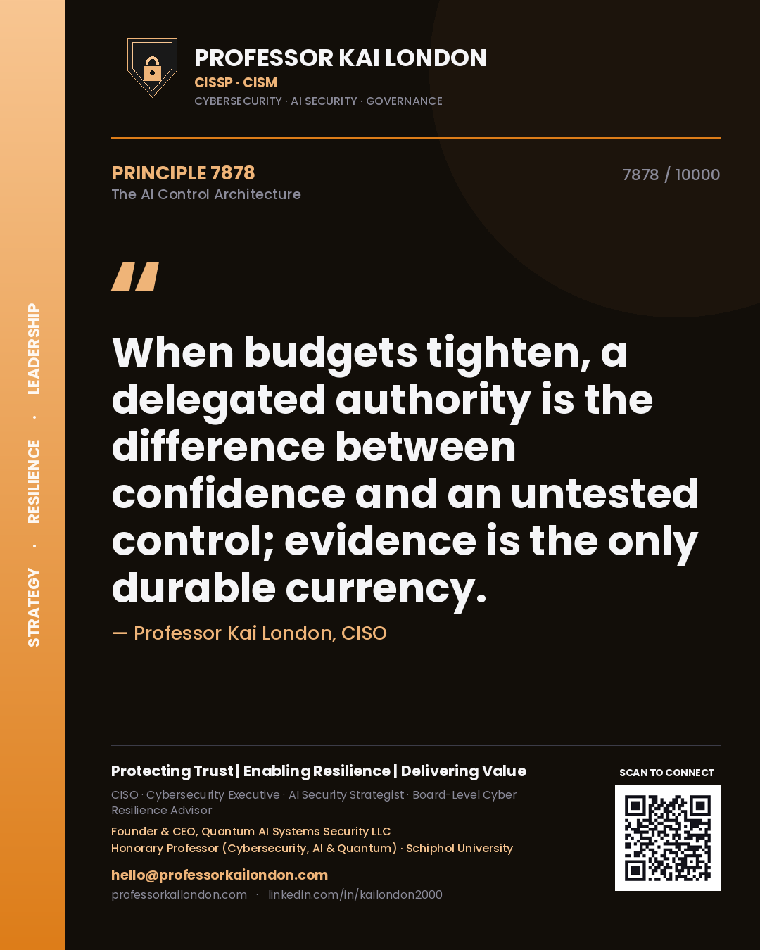 Quote card by Professor Kai London reading 'When budgets tighten, a delegated authority is the difference between confidence and an untested control; evidence is the only durable currency.'. From the book The AI Control Architecture.