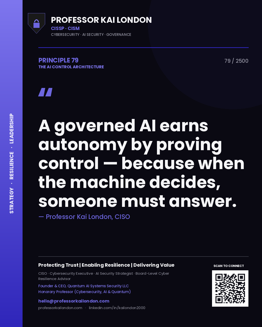 Quote card by Professor Kai London reading 'A governed AI earns autonomy by proving control — because when the machine decides, someone must answer.'. From the book The AI Control Architecture.