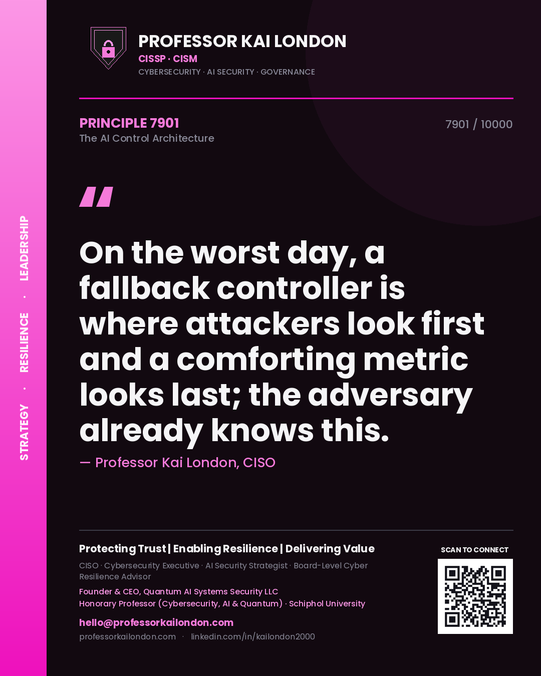 Quote card by Professor Kai London reading 'On the worst day, a fallback controller is where attackers look first and a comforting metric looks last; the adversary already knows this.'. From the book The AI Control Architecture.