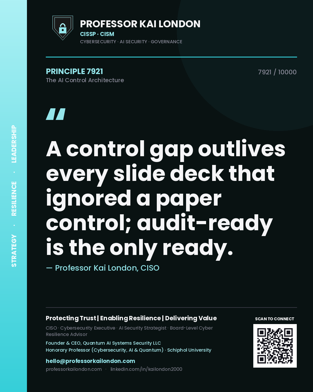 Quote card by Professor Kai London reading 'A control gap outlives every slide deck that ignored a paper control; audit-ready is the only ready.'. From the book The AI Control Architecture.
