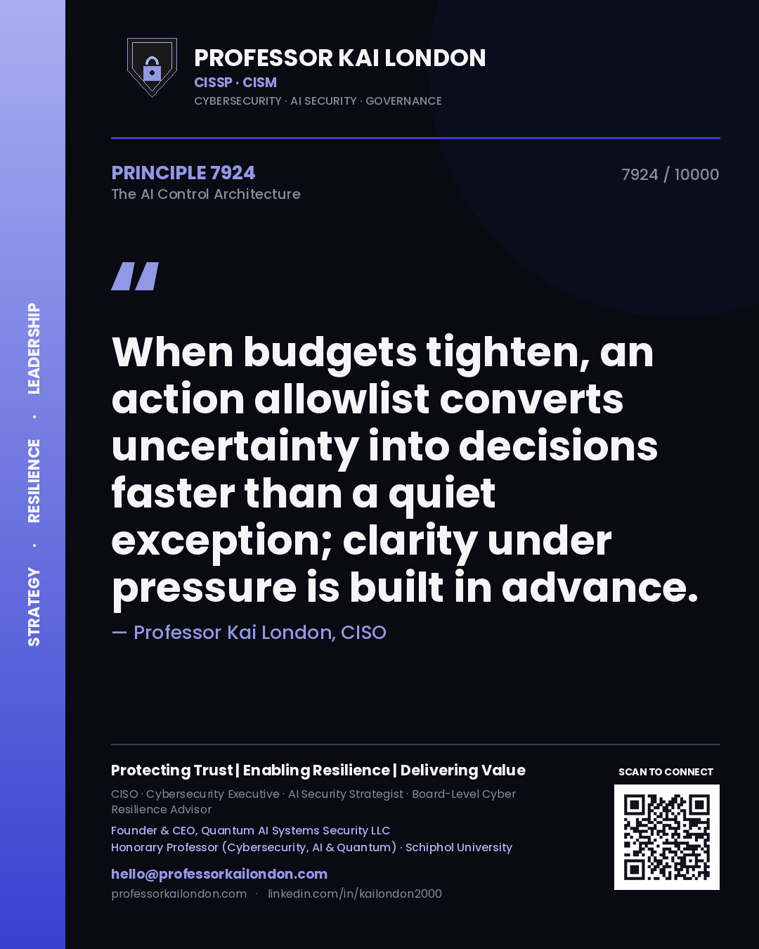 Quote card by Professor Kai London reading 'When budgets tighten, an action allowlist converts uncertainty into decisions faster than a quiet exception; clarity under pressure is built in advance.'. From the book The AI Control Architecture.