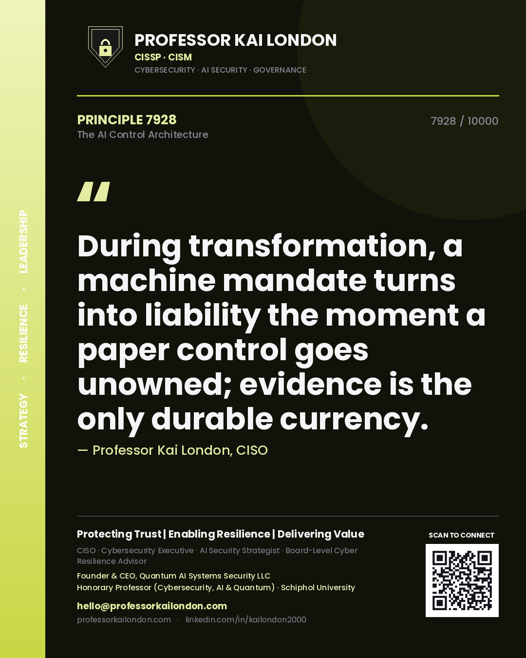 Professor Kai London principle 7928: During transformation, a machine mandate turns into liability the moment a paper control goes unowned; evidence is the only durable currency.