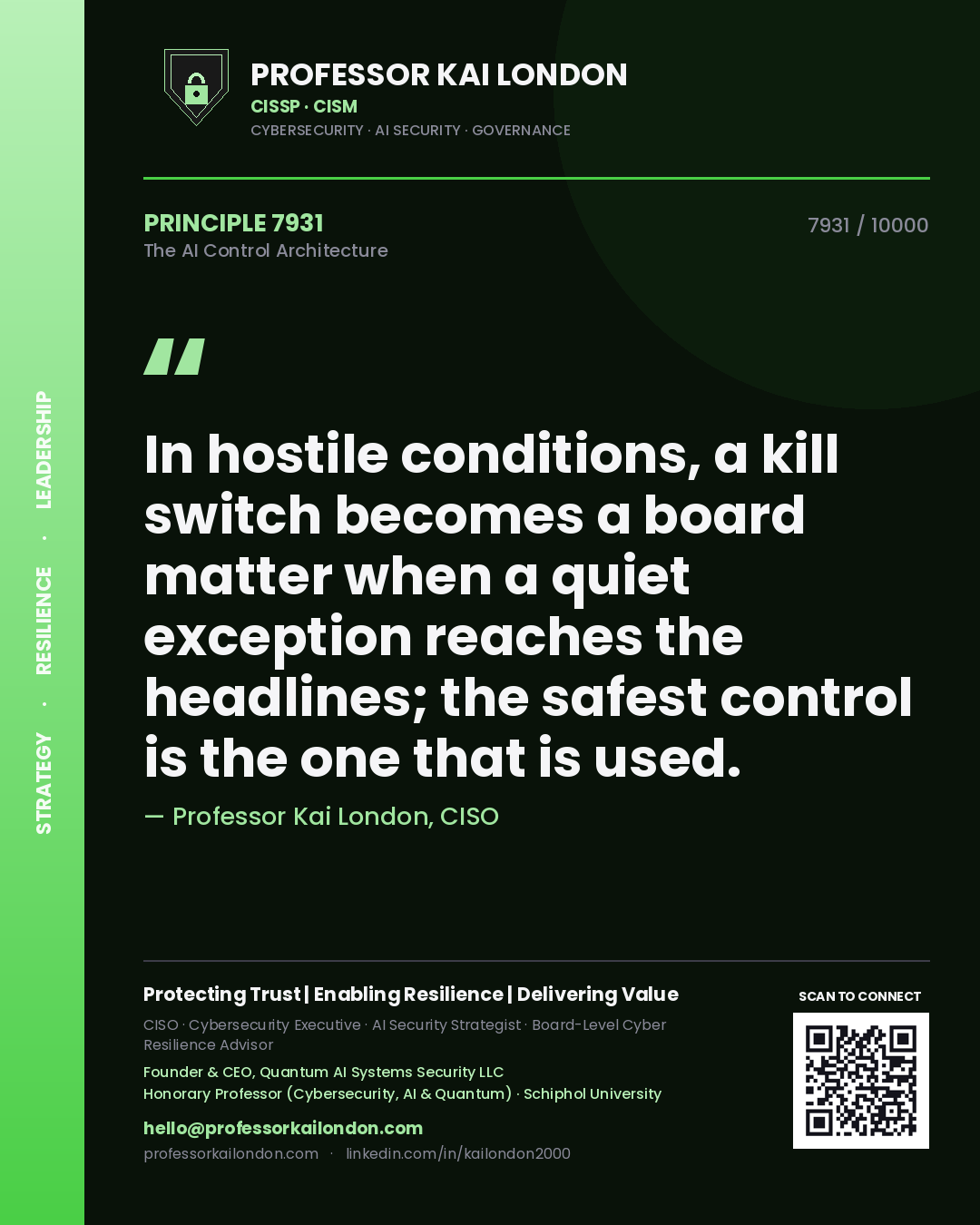 Quote card by Professor Kai London reading 'In hostile conditions, a kill switch becomes a board matter when a quiet exception reaches the headlines; the safest control is the one that is used.'. From the book The AI Control Architecture.