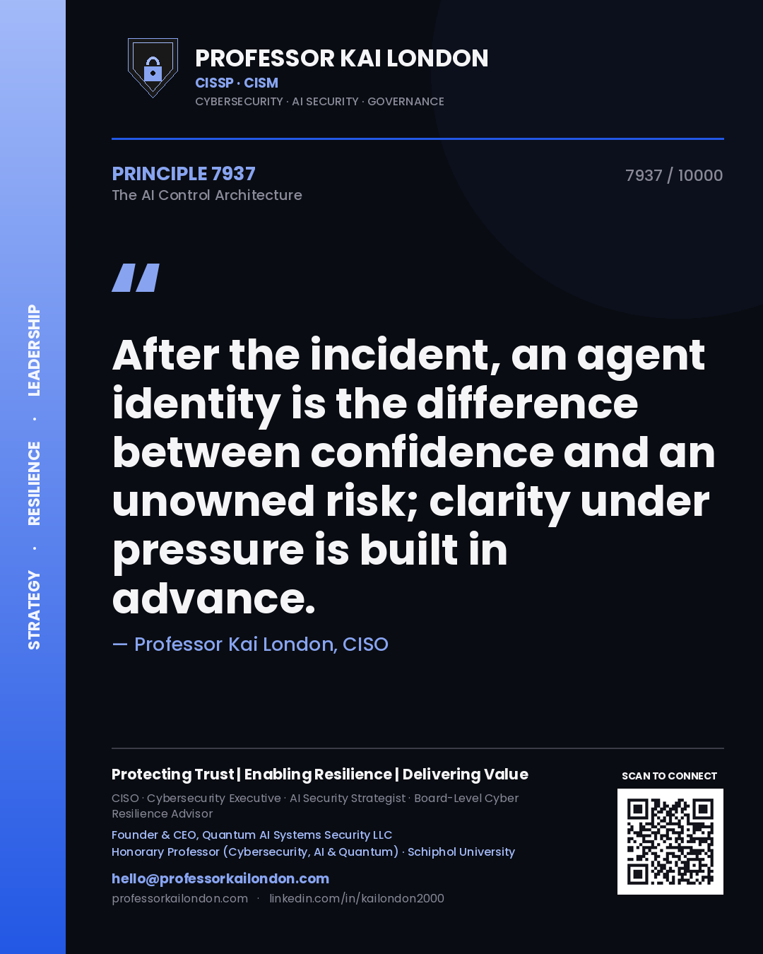 Quote card by Professor Kai London reading 'After the incident, an agent identity is the difference between confidence and an unowned risk; clarity under pressure is built in advance.'. From the book The AI Control Architecture.