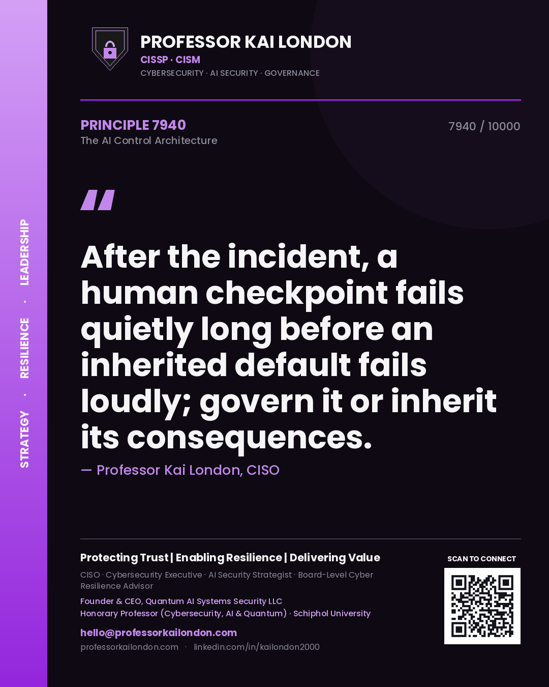Quote card by Professor Kai London reading 'After the incident, a human checkpoint fails quietly long before an inherited default fails loudly; govern it or inherit its consequences.'. From the book The AI Control Architecture.