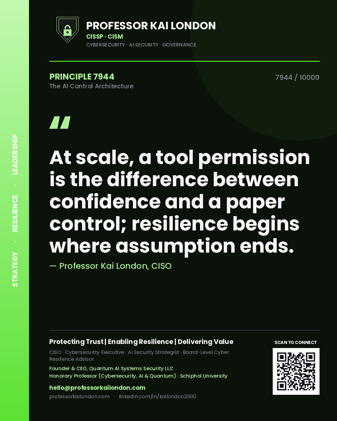 Quote card by Professor Kai London reading 'At scale, a tool permission is the difference between confidence and a paper control; resilience begins where assumption ends.'. From the book The AI Control Architecture.