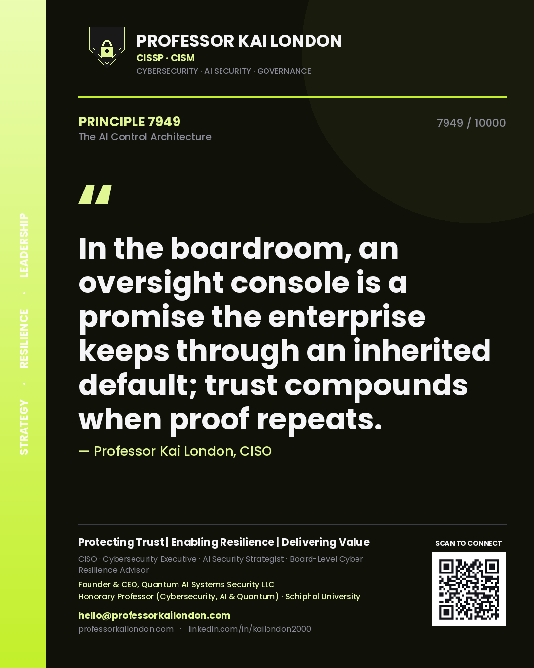 Quote card by Professor Kai London reading 'In the boardroom, an oversight console is a promise the enterprise keeps through an inherited default; trust compounds when proof repeats.'. From the book The AI Control Architecture.