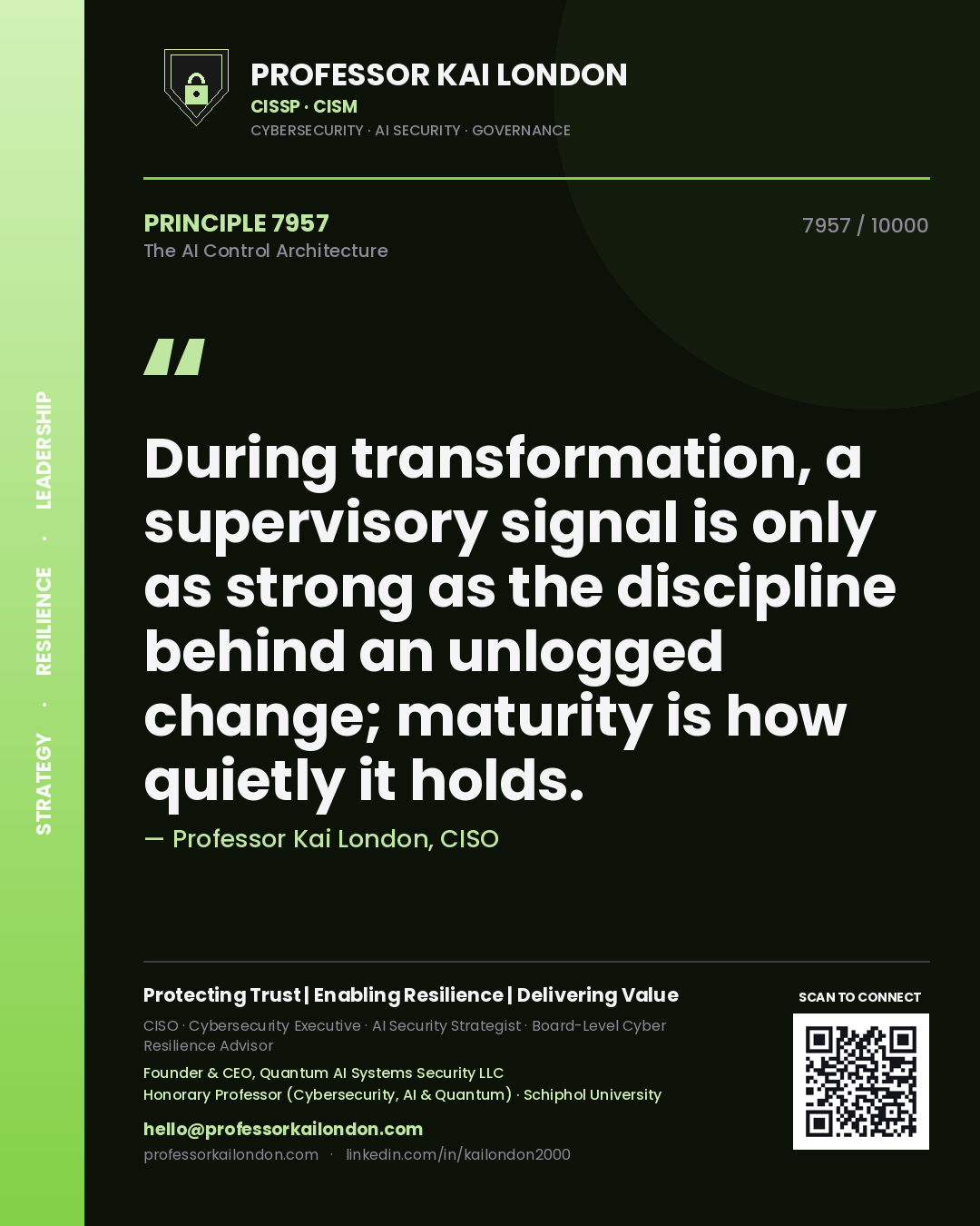 Quote card by Professor Kai London reading 'During transformation, a supervisory signal is only as strong as the discipline behind an unlogged change; maturity is how quietly it holds.'. From the book The AI Control Architecture.