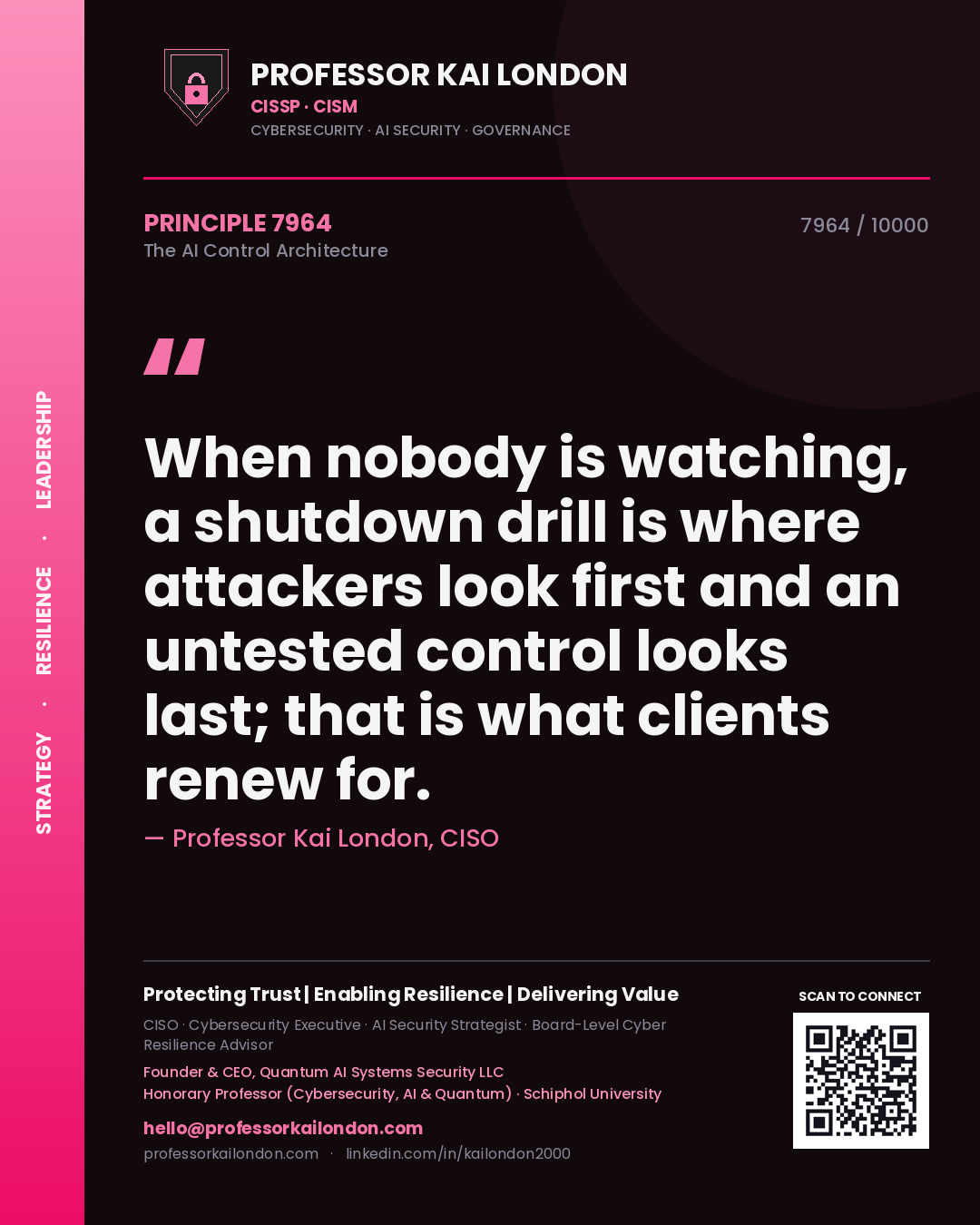 Quote card by Professor Kai London reading 'When nobody is watching, a shutdown drill is where attackers look first and an untested control looks last; that is what clients renew for.'. From the book The AI Control Architecture.
