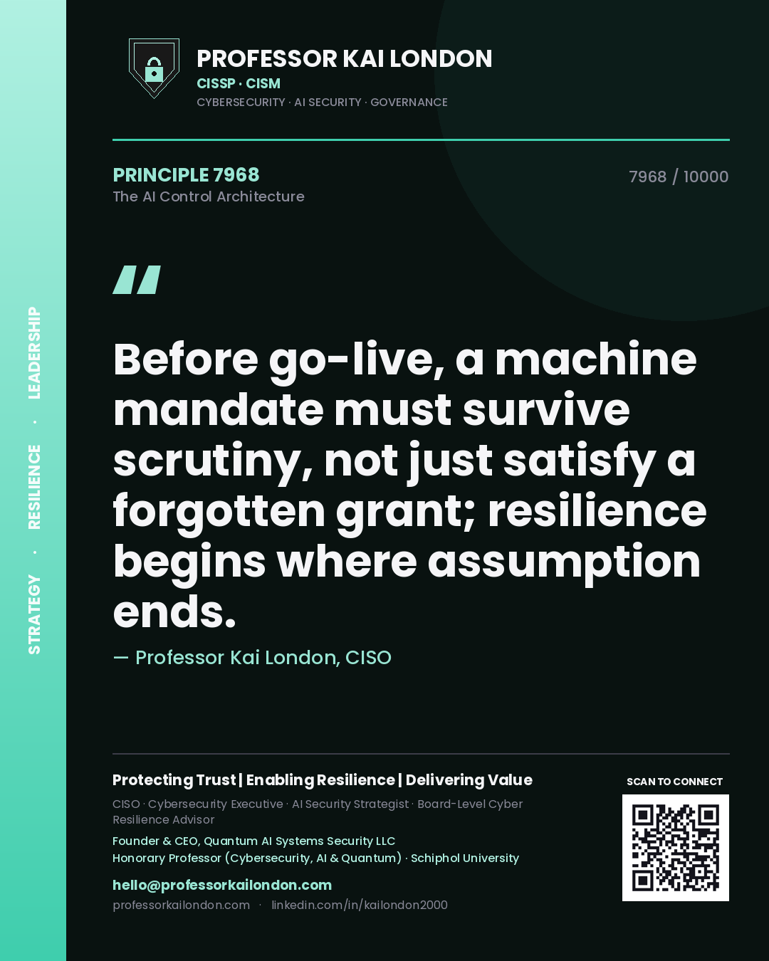 Quote card by Professor Kai London reading 'Before go-live, a machine mandate must survive scrutiny, not just satisfy a forgotten grant; resilience begins where assumption ends.'. From the book The AI Control Architecture.