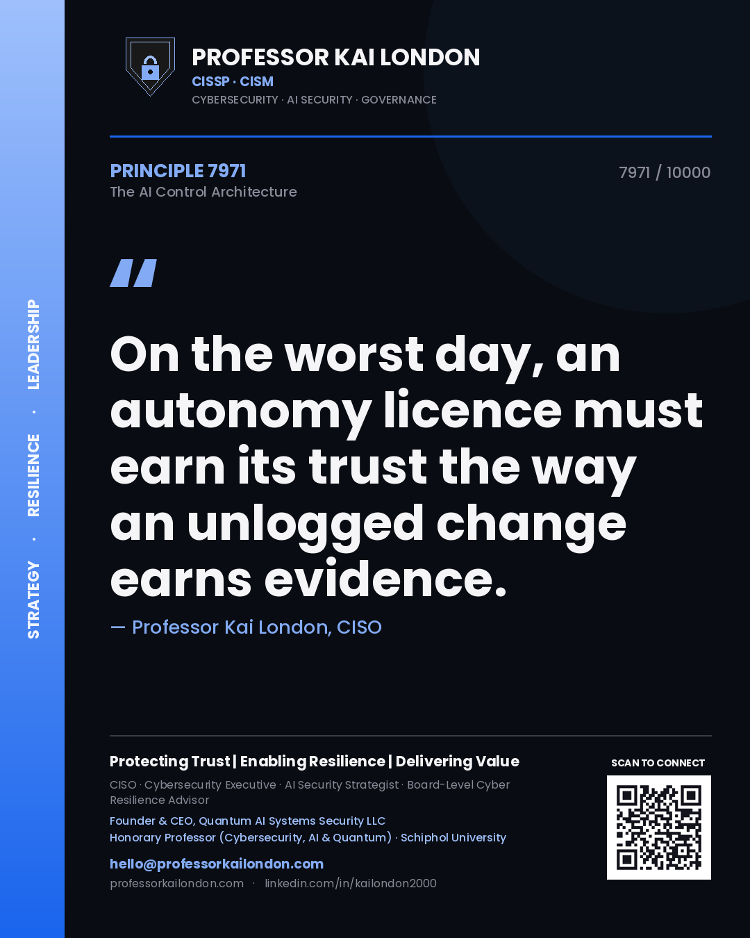 Quote card by Professor Kai London reading 'On the worst day, an autonomy licence must earn its trust the way an unlogged change earns evidence.'. From the book The AI Control Architecture.