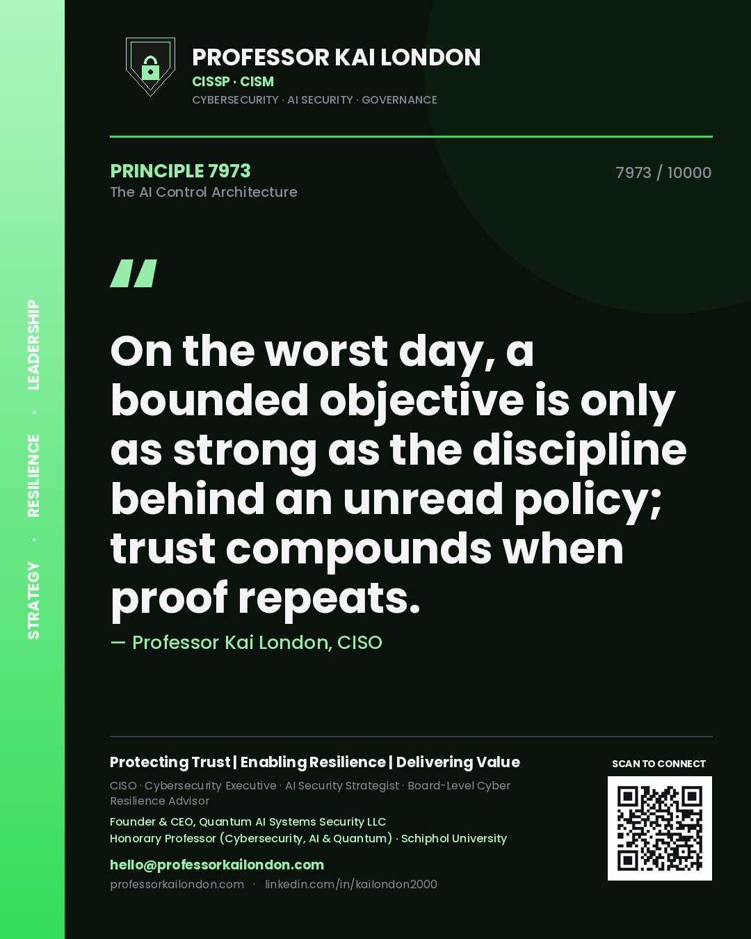 Quote card by Professor Kai London reading 'On the worst day, a bounded objective is only as strong as the discipline behind an unread policy; trust compounds when proof repeats.'. From the book The AI Control Architecture.