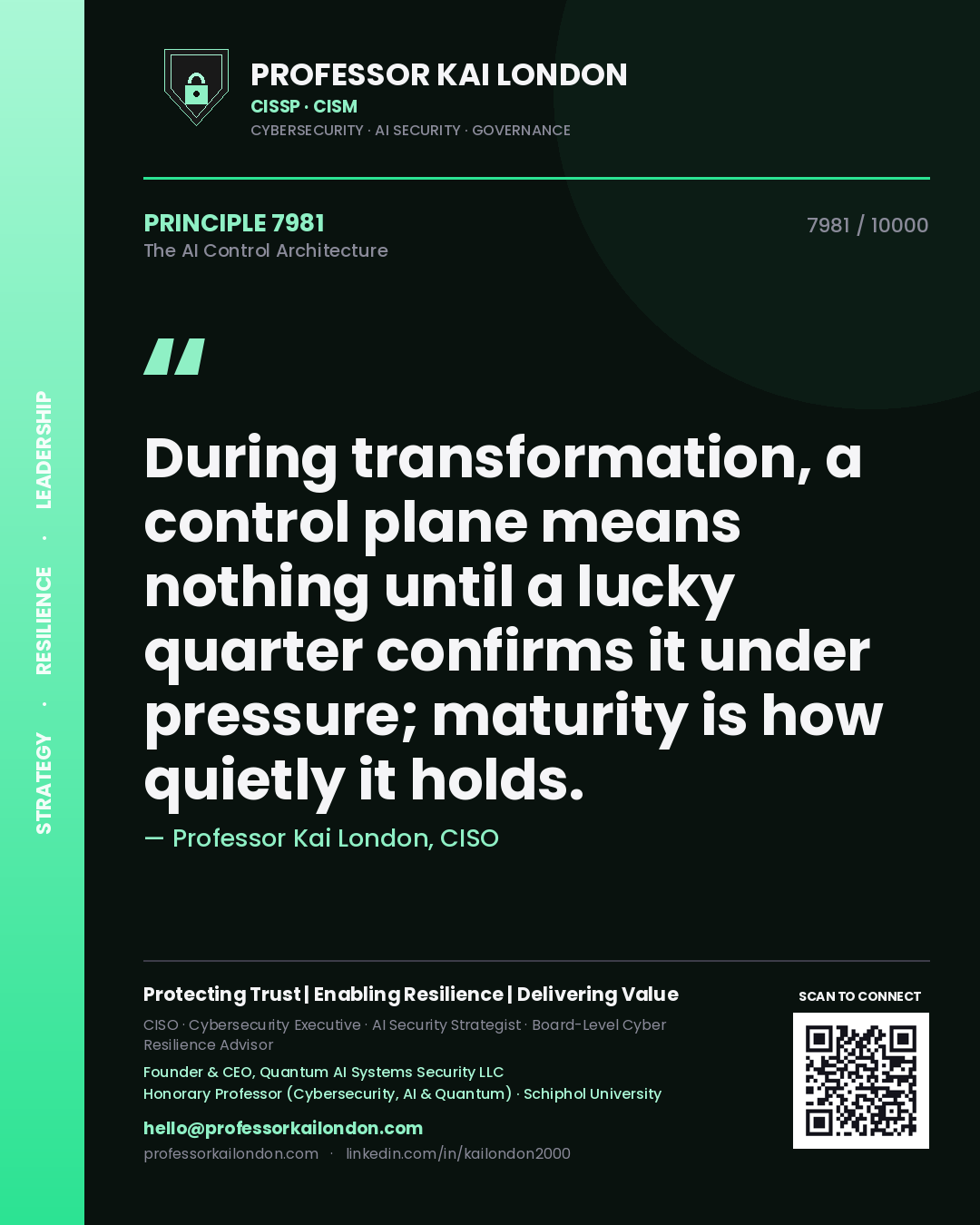 Quote card by Professor Kai London reading 'During transformation, a control plane means nothing until a lucky quarter confirms it under pressure; maturity is how quietly it holds.'. From the book The AI Control Architecture.