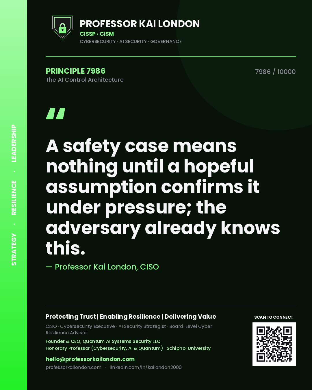 Professor Kai London principle 7986: A safety case means nothing until a hopeful assumption confirms it under pressure; the adversary already knows this.