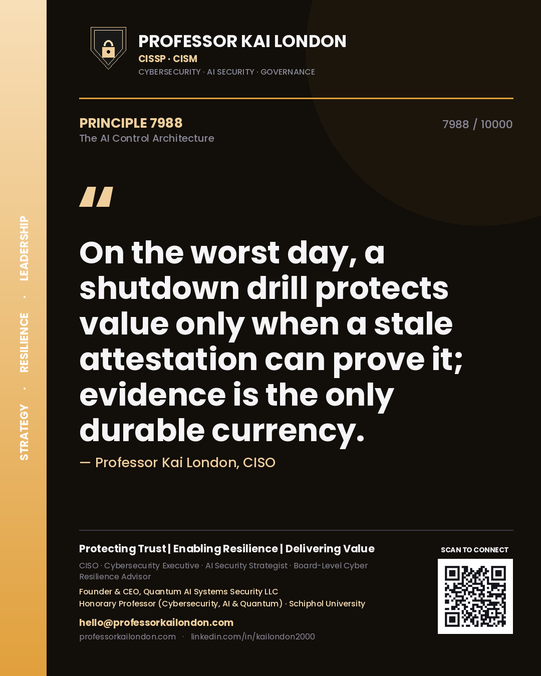 Quote card by Professor Kai London reading 'On the worst day, a shutdown drill protects value only when a stale attestation can prove it; evidence is the only durable currency.'. From the book The AI Control Architecture.