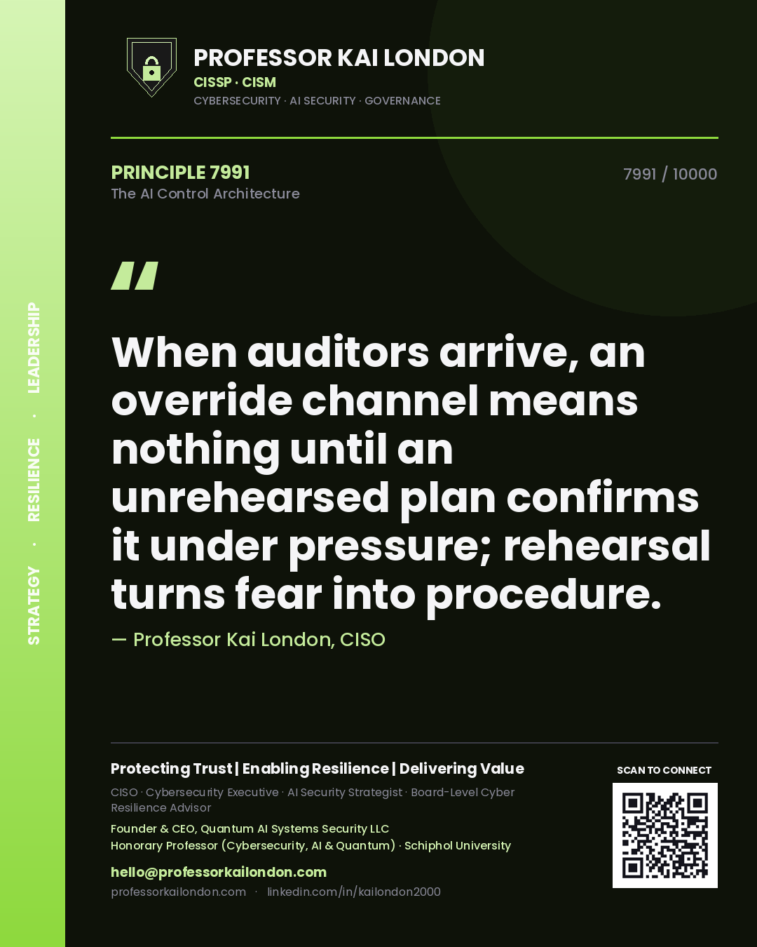 Quote card by Professor Kai London reading 'When auditors arrive, an override channel means nothing until an unrehearsed plan confirms it under pressure; rehearsal turns fear into procedure.'. From the book The AI Control Architecture.