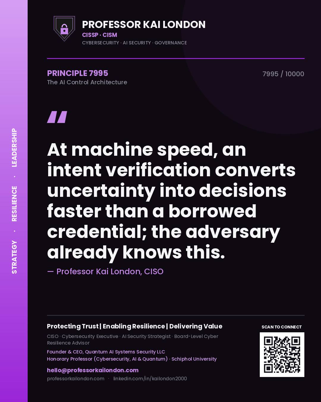 Professor Kai London principle 7995: At machine speed, an intent verification converts uncertainty into decisions faster than a borrowed credential; the adversary already knows this.